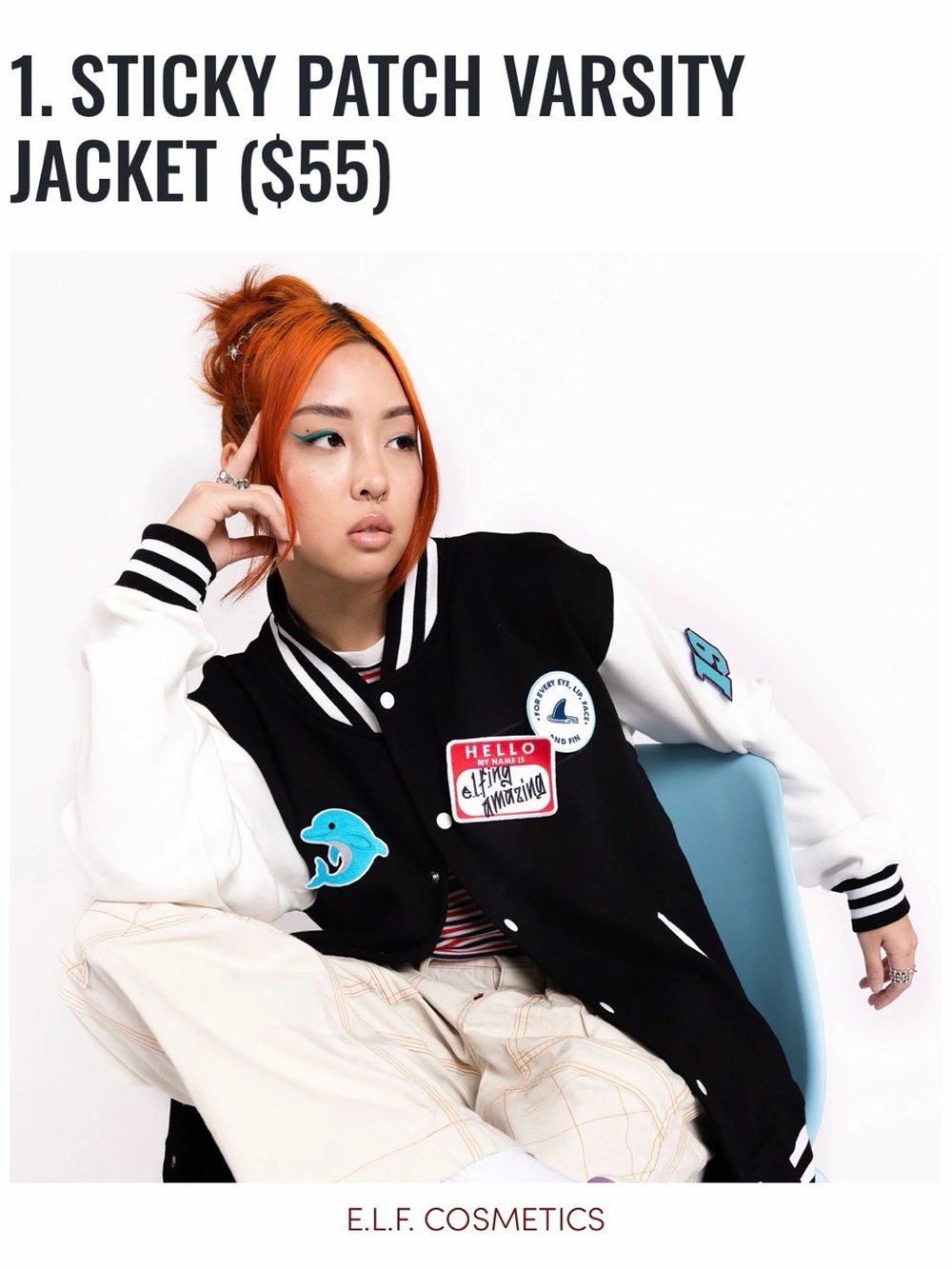 ELF Black and White Patchwork Varsity Jacket, Hat, and Patches